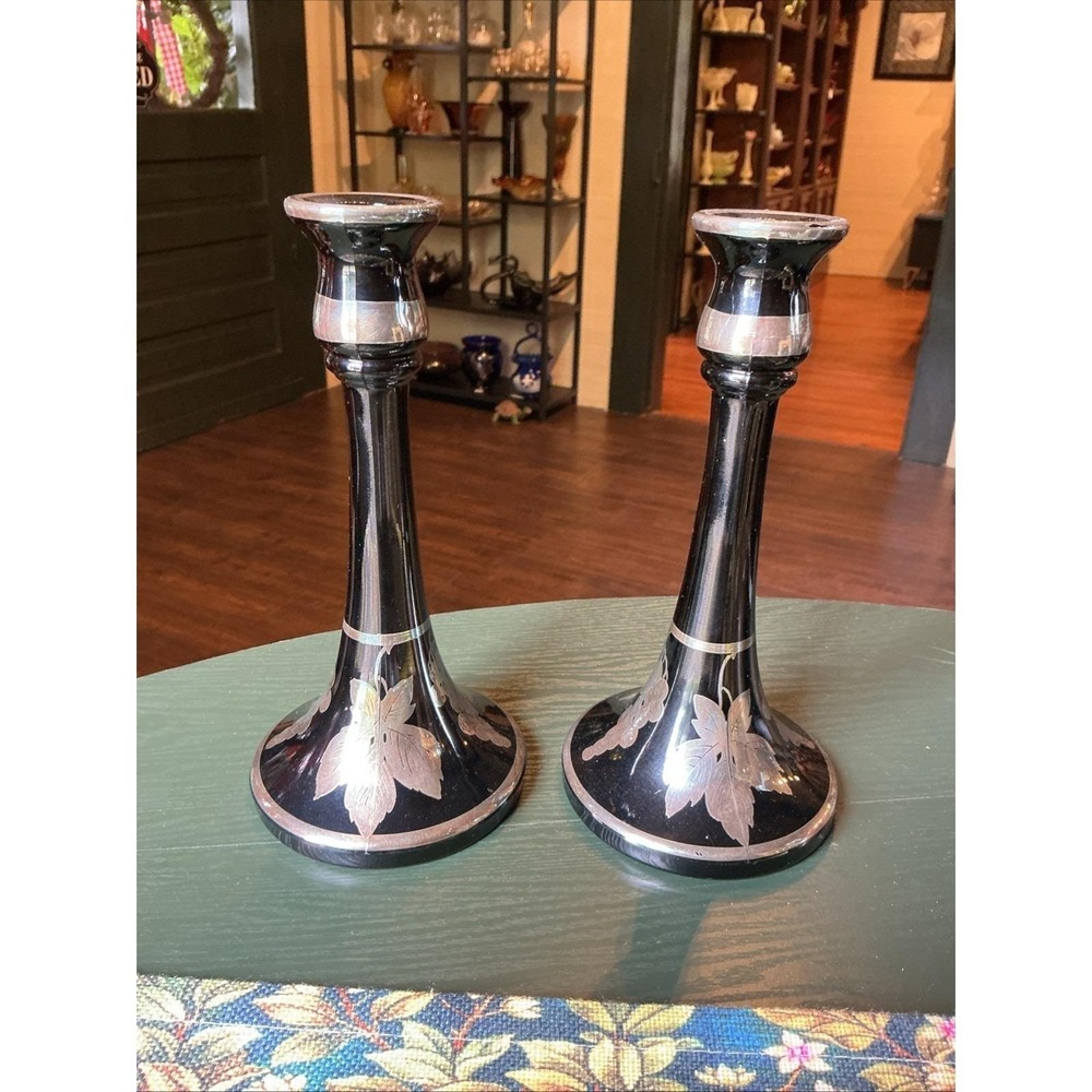 Vintage Art Deco 9" Pair Of Black Glass Candlesticks w/ Silver Overlay Grapes